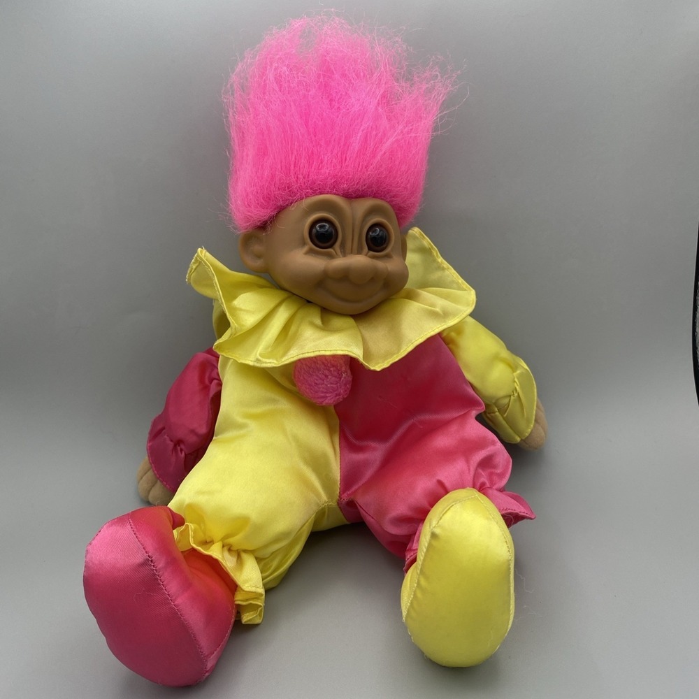 Vintage Russ Troll Doll 7" soft body‎ Clown Jester pink and yellow, Brown Eyes